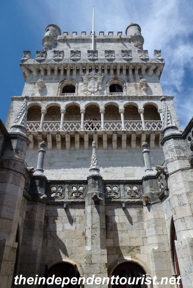 The intricate stonework of the Belem Tower.