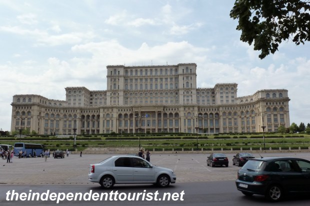 The front view of the Palace of Parliament.
