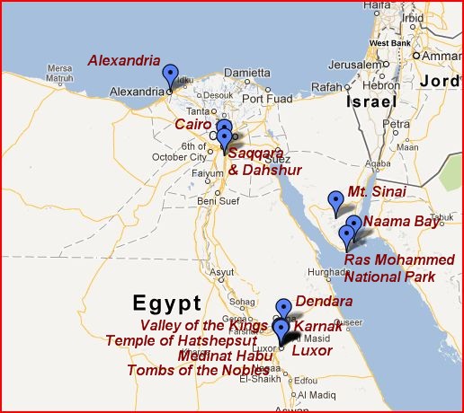 Major locations visited in Egypt.