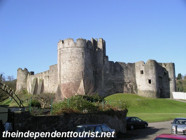 A view of Chepstow Castle, with Marten's Tower in the center and the well-fortified twin tower main gatehouse on the right. These are late 12th century castle additions.
