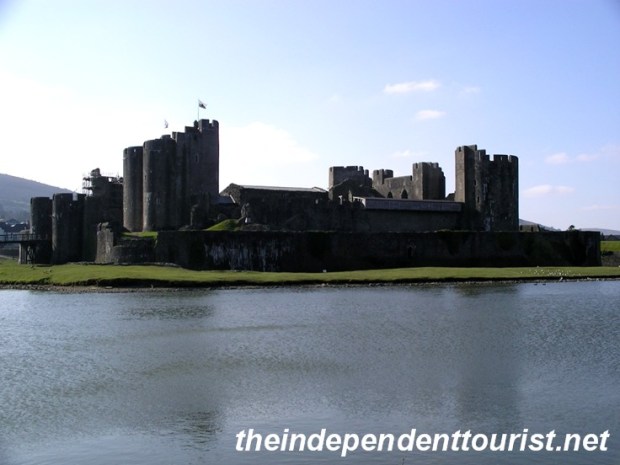 The immense lake surrounding Caerphilly Castle.