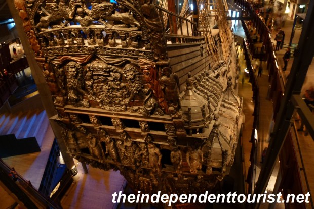 The intricate carvings on the stern of the ship.