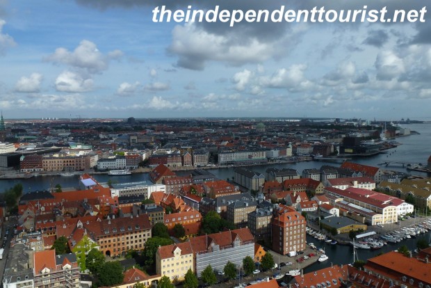 Another view of Copenhagen from Our Savior's Church tower, looking northwest. Cruise ships dock in the upper right of this photo, which is close to the "Little Mermaid" statue.