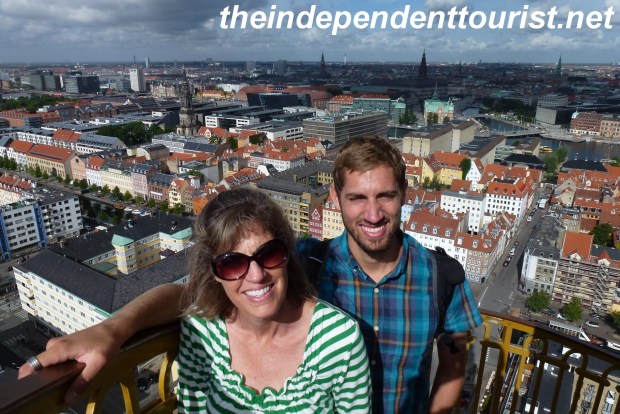 Robyn and Sean on the tower's outside stairs overlooking downtown Copenhagen (looking west).