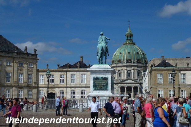 The Marble Church (large domed building) from Amalienborg Palace Courtyard.