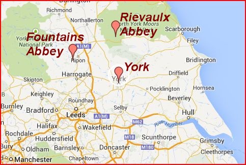 Fountains and Rievaulx are north/northwest of York, England.