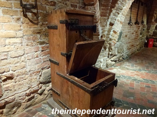 One torture device in the dungeon of Kwidzyn Castle. You would have to sit in one position and couldn't move. Also note shackles on wall to the right.