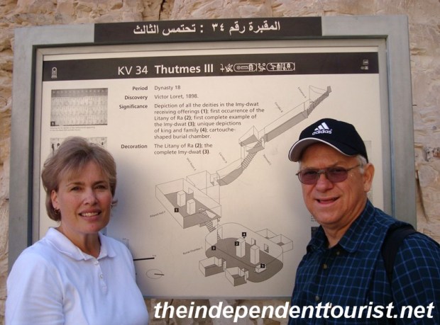 The sign at the entrance of the tomb of Tuthmosis III (1479 - 1425 BC). The "KV 34" means it was the 34th tomb discovered in the "Kings Valley."