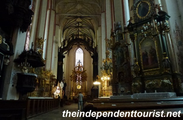 The interior of St. Mary's Church. There are some well-preserved frescoes on some of the walls.