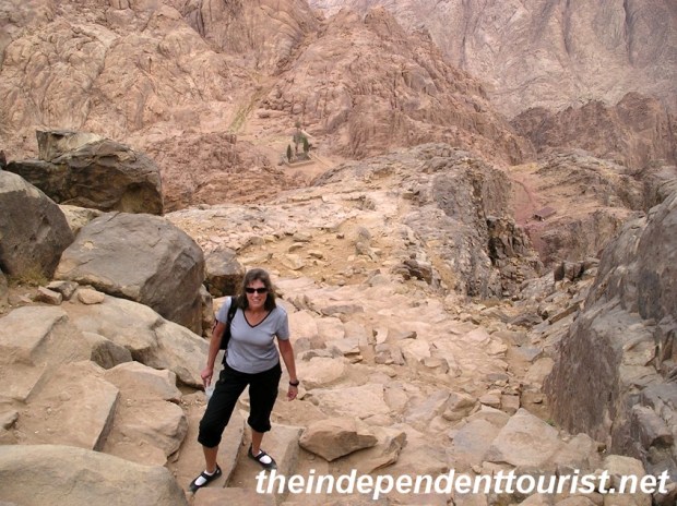 Hiking up the last 750 steps to the summit. In the distance below is Elijah's basin. The cypress tree is thought to be 1,000 years old. Those who traveled with Moses up the mountain waited here while he ascended to the summit to speak with God.