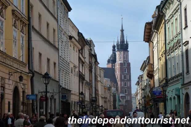 The Royal Way in Kraków, which is the main thoroughfare through the old town. Very little vehicular traffic allowed in the old town, making it a pleasant place to walk.