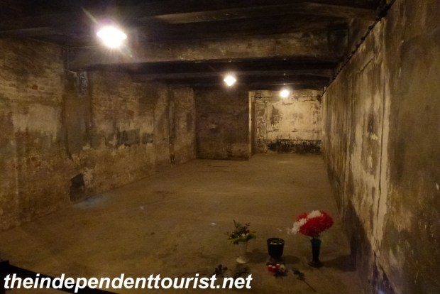 Originally an ammunition bunker, this room became a gas chamber during the years 1941 – 1943. Thousands were gassed here, some immediately upon their arrival, including Jews, Soviet POW’s and some Polish prisoners as well. Pellets of Zyklon B were dropped through the ceiling.
