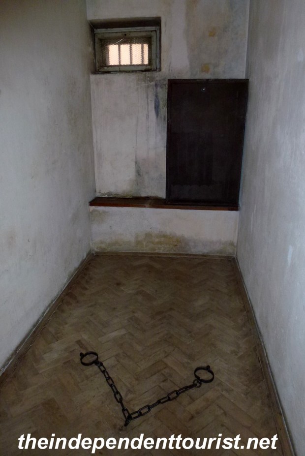 Prisoners were kept in cells like this (and chained as shown) and sometimes interrogated for weeks or months--often with little food, sometimes ill, often beaten and without a bed.