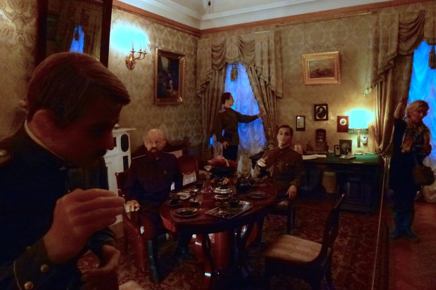 Part of Yusupov Palace is a museum about the murder of Grigori Rasputin, which took place at the palace in 1916. He was a mystic and an advisor to the Romanov family, the last Tsars of Russia. He grew too powerful and in this scene his enemies plot his death.