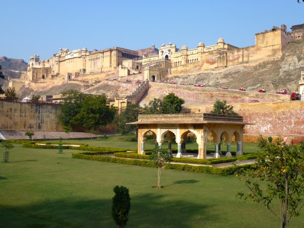 A view of Amber Fort. If you look closely, you can see the elephants with their red coverings making their way up to the gate.