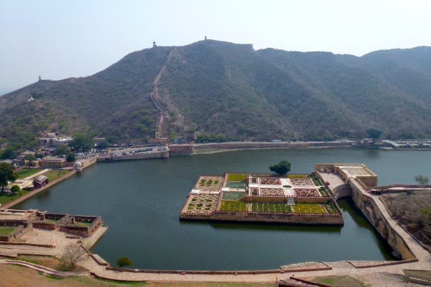 Looking down on Maota Lake, with the gardens of Kesar Kyari Bagh. The lake provided water for the fort. The walls protecting the region can be seen in the distance.