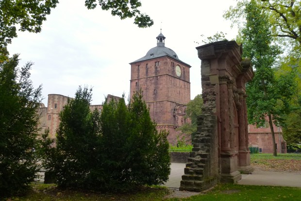 A clock tower on the castle grounds.