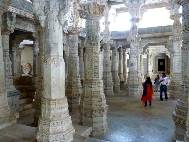 A view of one of the many halls in the temple. Note the column carvings.