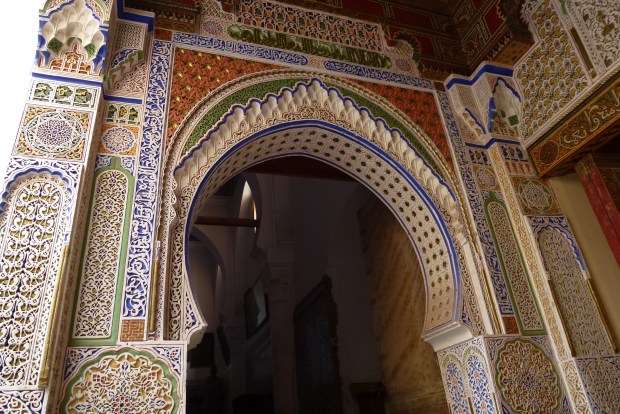 The entrance to the tomb of Moulay Idriss II, a holy site in Islamic culture. He was the son of the founder of Fez and lived in the 9th century. He established Fez as a place of refuge for muslims retreating from Spain and other places.