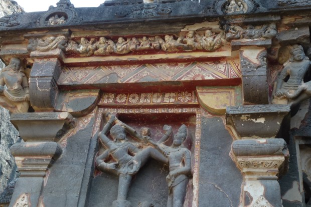 A detail of Kailasa Temple showing some of the original paint decorations.