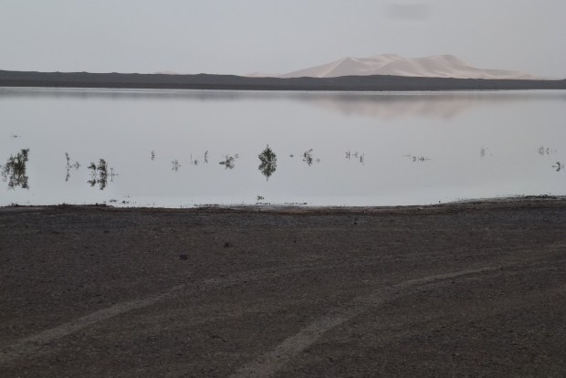 Not a mirage - an actual lake in the desert. They had some rain recently. It's several feet deep.