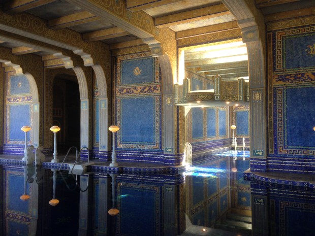 The indoor Roman pool, located underneath the tennis courts. There are more than a million Murano glass tiles here, some with a layer of gold leaf inside. The pool is 81 ft. long.